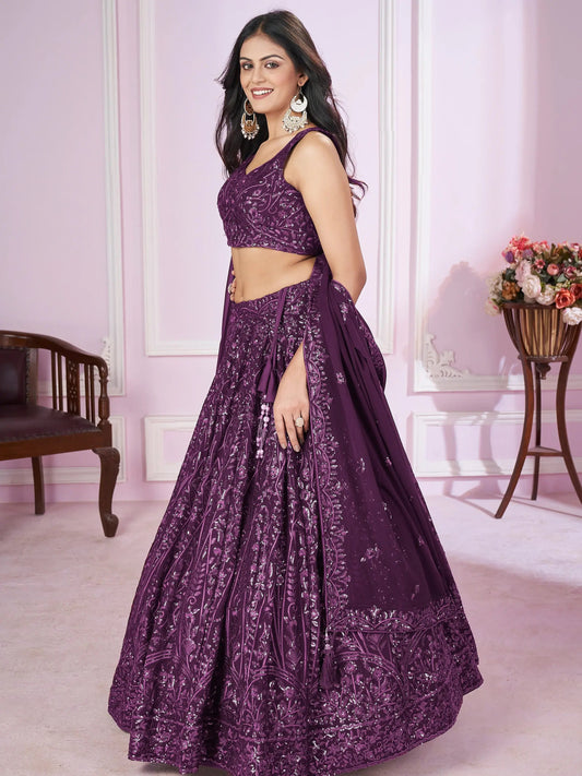 Beautiful Purple Sequins Georgette Wedding Lehenga Choli With Dupatta - Zeel Clothing