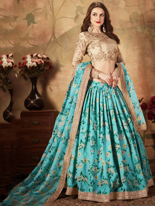 Beautiful Sky Blue Sabyasachi Floral Digital Printed Organza Party Wear Lehenga Choli - Zeel Clothing