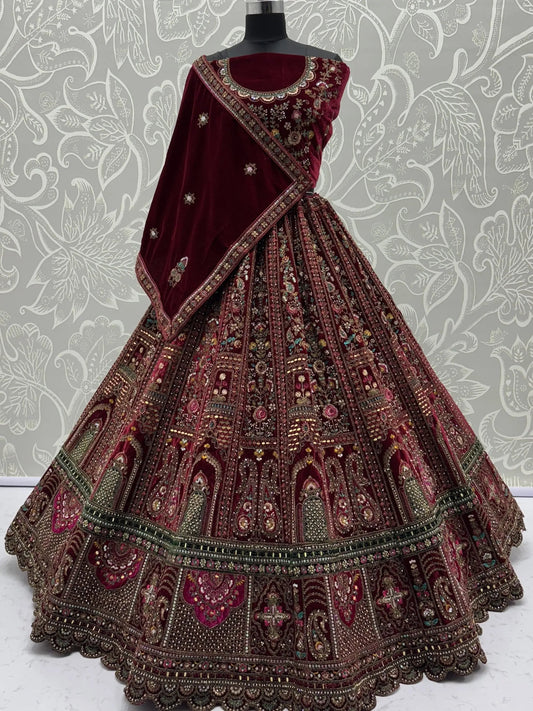 Breathtaking Maroon Zari Embroidered Velvet Bridal Lehenga Choli With Double Dupatta - Zeel Clothing