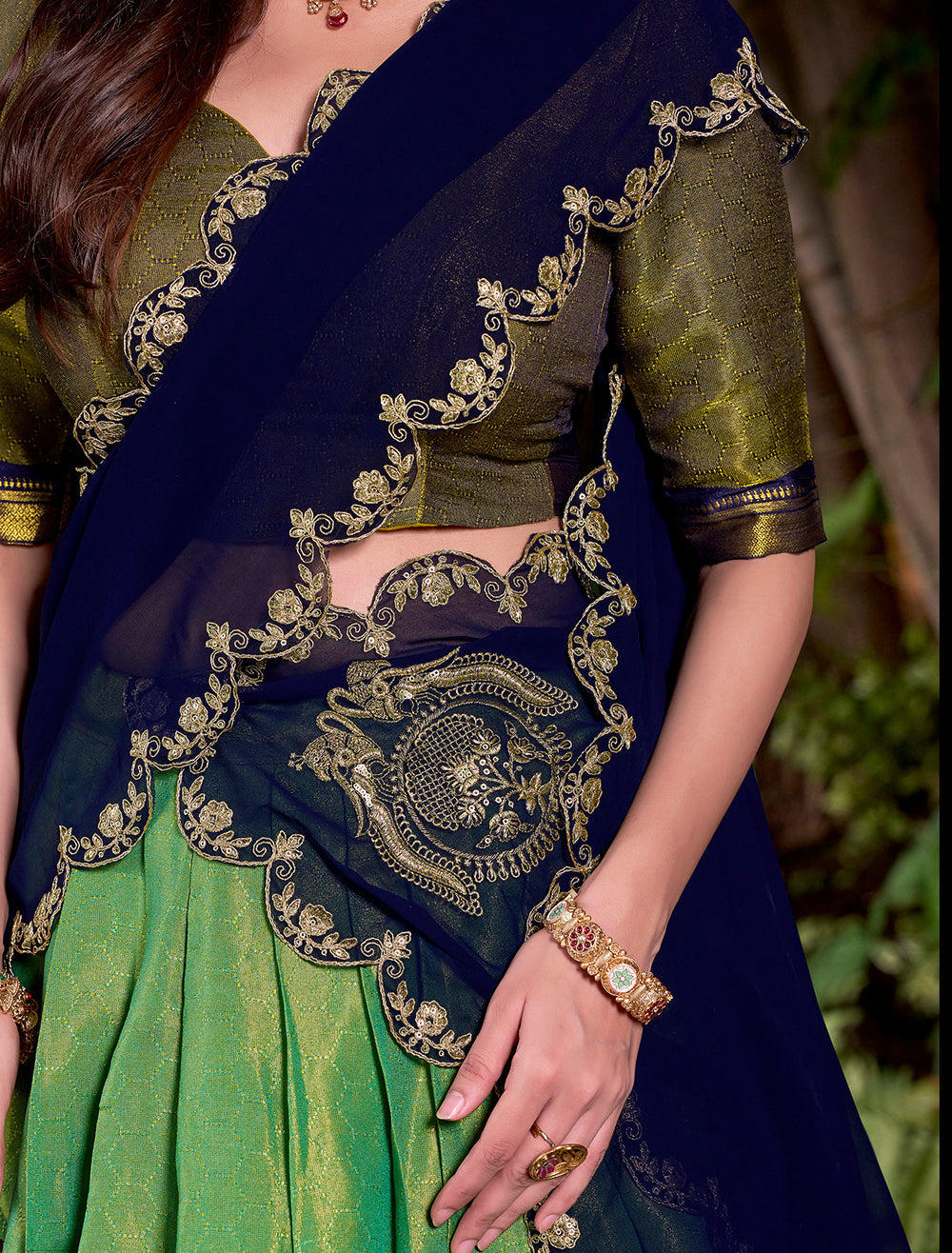 Navy Blue Color Sequince And Thread Embroidery Work Kanchipuram Lehenga Choli
