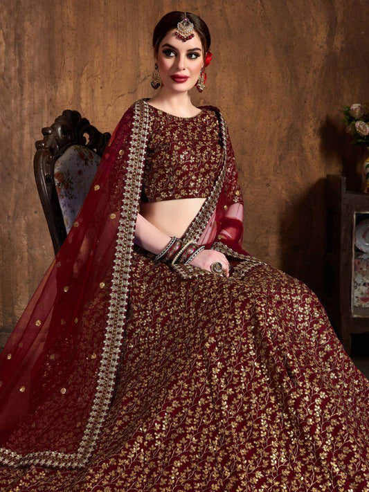 Captivating Maroon Sequins Raw Silk Lehenga Choli With Dupatta - Zeel Clothing