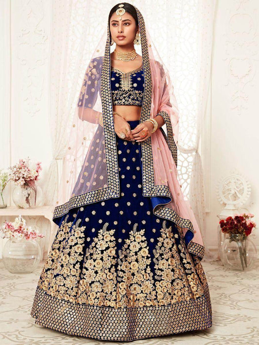 Captivating Navy Blue Embroidered Velvet Bridal Wear Lehenga Choli - Zeel Clothing