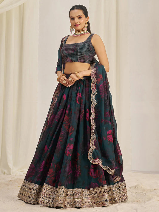 Captivating Teal Green Printed Organza Event Wear Lehenga Choli - Zeel Clothing