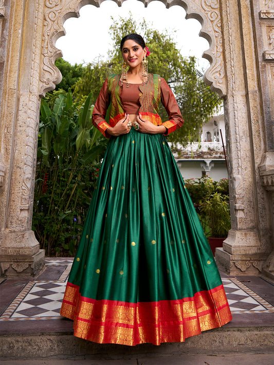 Green Color Zari Weaving Work Poly Cotton Lehenga Choli