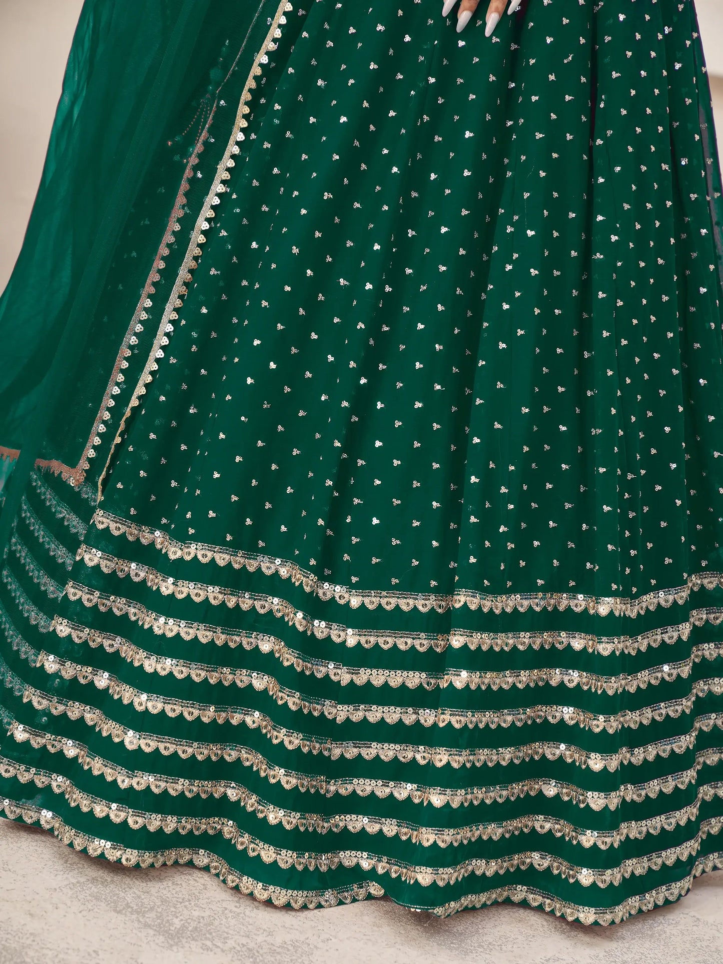 Charming Green Sequins Georgette Lehenga Choli With Dupatta - Zeel Clothing