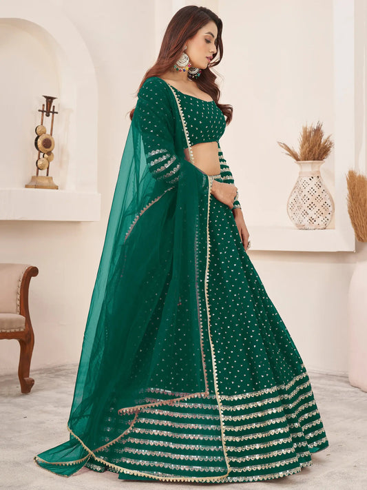 Charming Green Sequins Georgette Lehenga Choli With Dupatta - Zeel Clothing