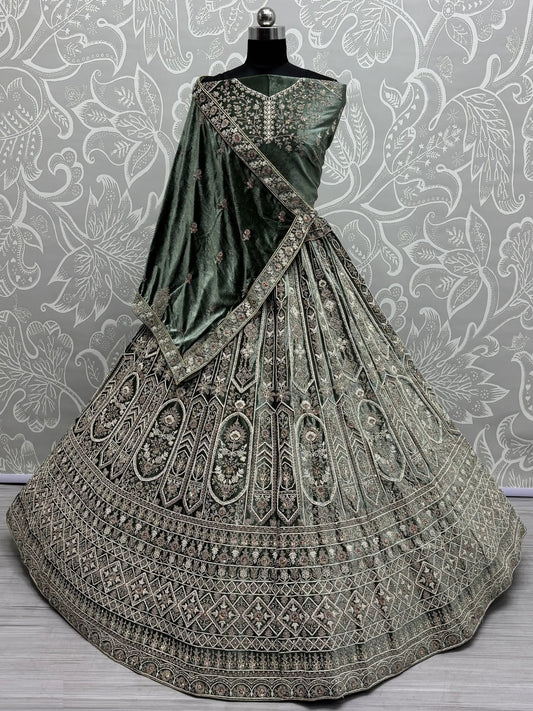 Charming Green Velvet Bridal Lehenga Choli With Double Dupatta - Zeel Clothing