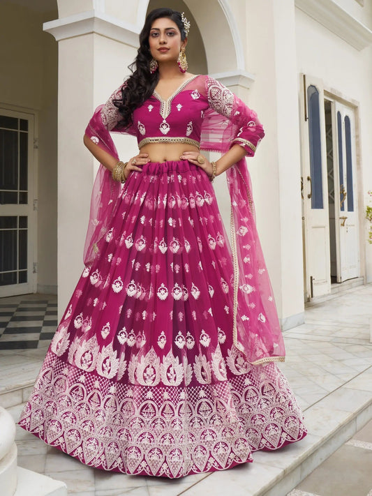 Charming Rani Pink Thread Work Net Wedding Wear Lehenga Choli - Zeel Clothing
