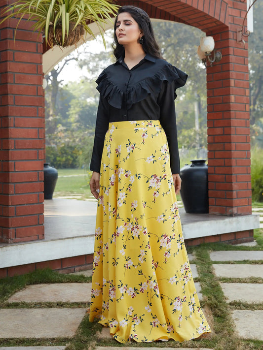 Charming Yellow Floral Printed Crepe Party Wear Crop Top Lehenga - Zeel Clothing