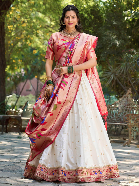Classic White Zari Weaving Paithani Silk Lehenga Choli With Dupatta - Zeel Clothing