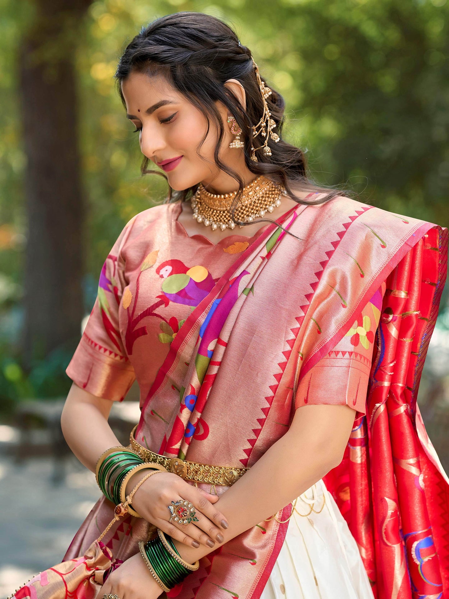 Classic White Zari Weaving Paithani Silk Lehenga Choli With Dupatta - Zeel Clothing