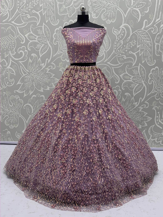 Excellent Mauve Zari Embroidery Net Reception Lehenga Choli With Dupatta