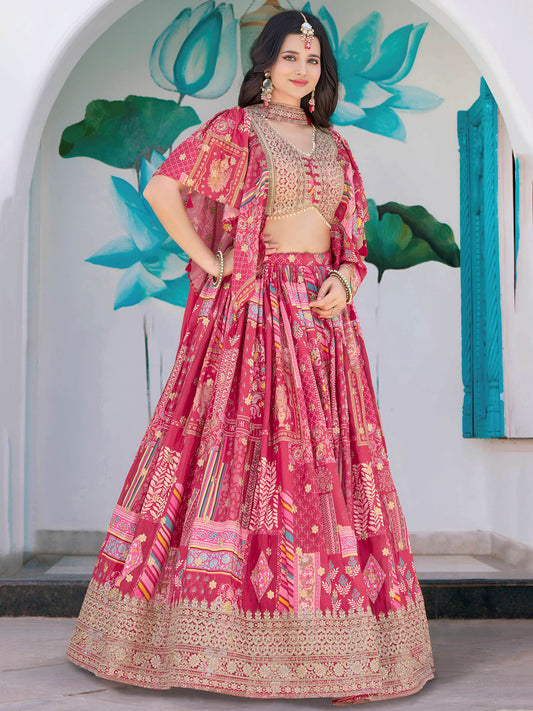 Dazzling Hot Pink Digital Printed Chinon Engagement Wear Lehenga Choli - Zeel Clothing