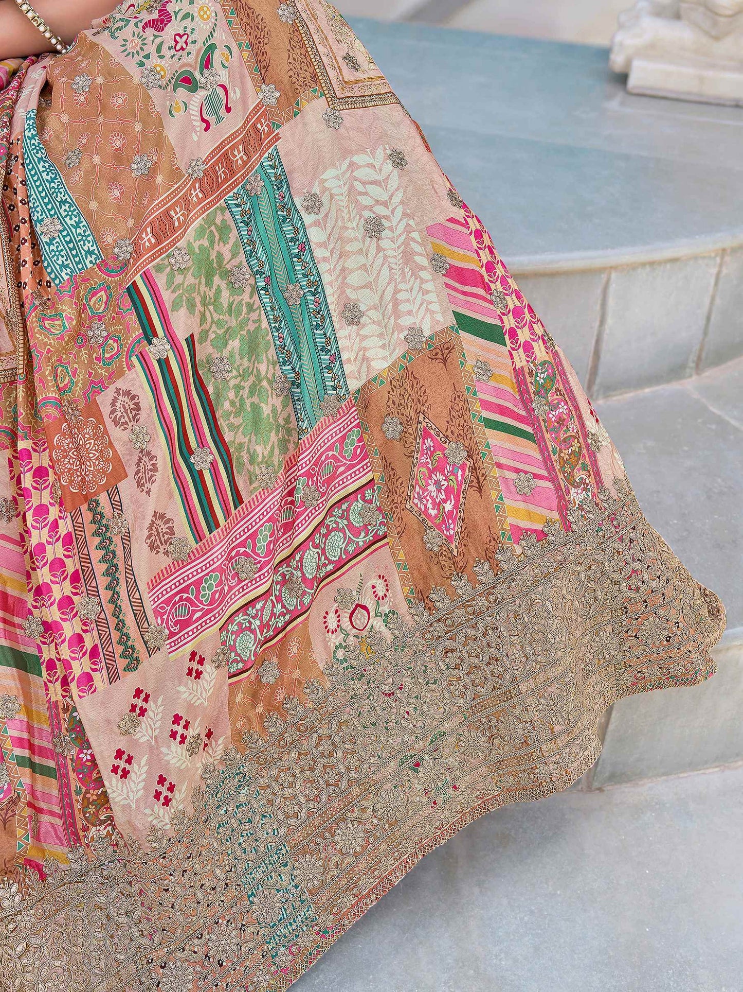 Delicate Beige Digital Printed Chinon Wedding Wear Lehenga Choli - Zeel Clothing