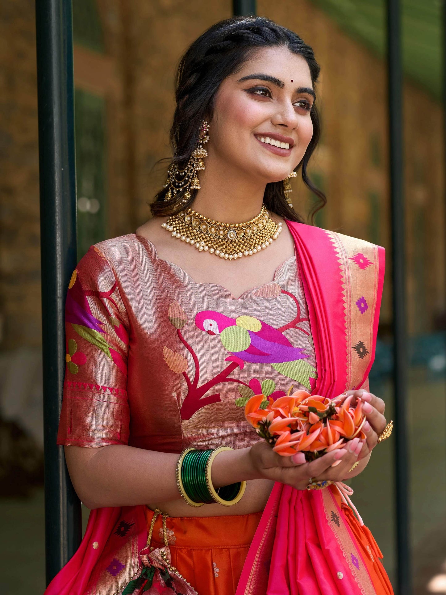 Delicate Orange Zari Weaving Paithani Silk Traditional Lehenga Choli - Zeel Clothing