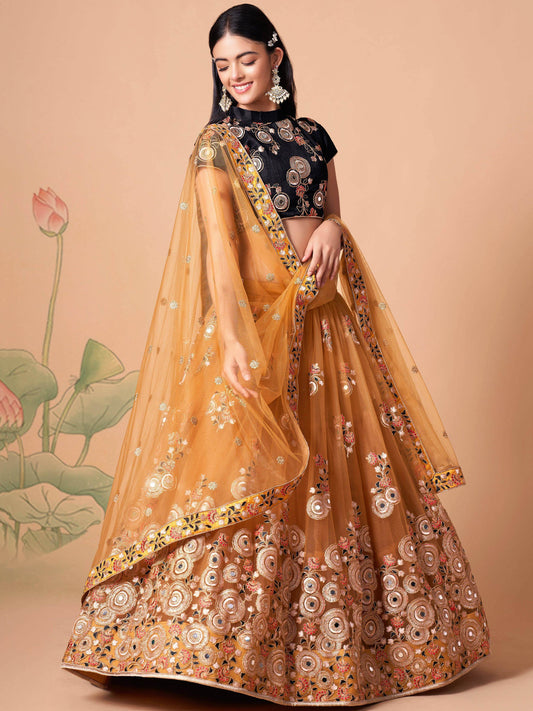 Delightful Gold Mirror Work Net Wedding Wear Lehenga Choli - Zeel Clothing