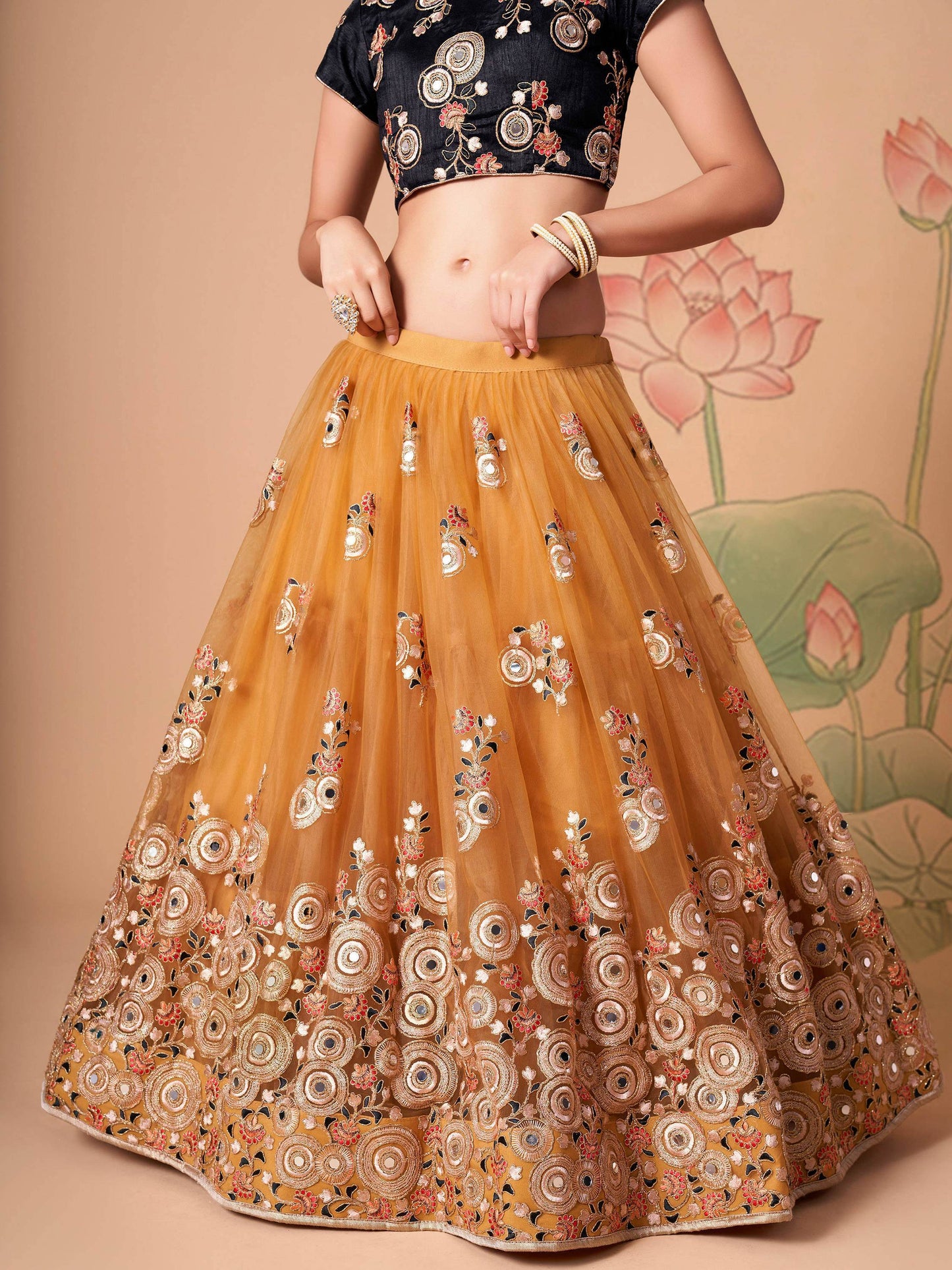 Delightful Gold Mirror Work Net Wedding Wear Lehenga Choli - Zeel Clothing