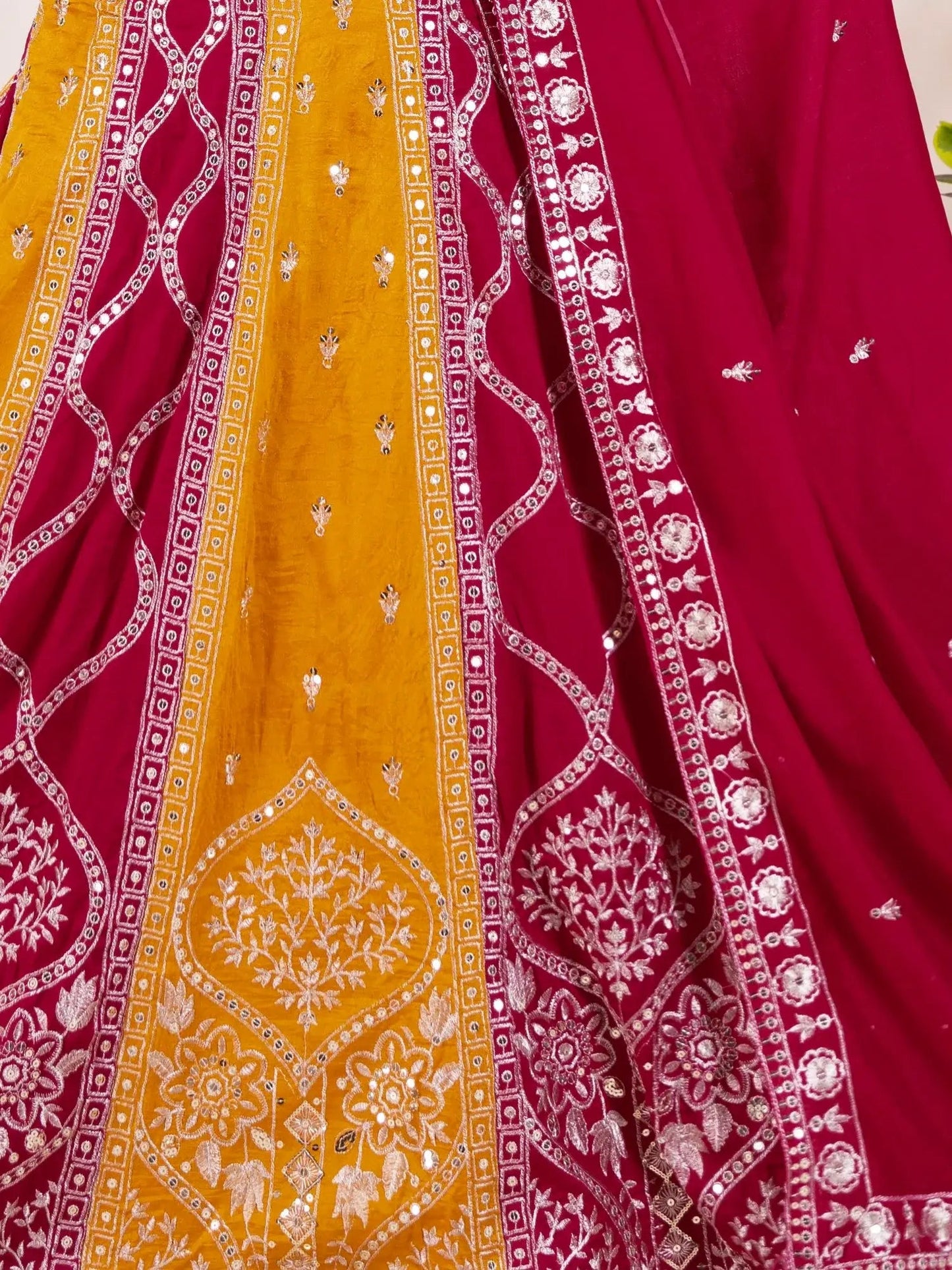 Elegant Yellow-Red Embroidered Vichitra Silk Wedding Lehenga Choli With Dupatta - Zeel Clothing