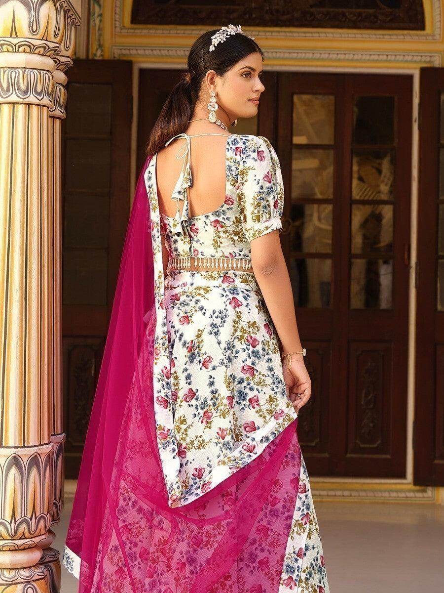 Enchanting White Floral Printed Silk Traditional Lehenga Choli - Zeel Clothing