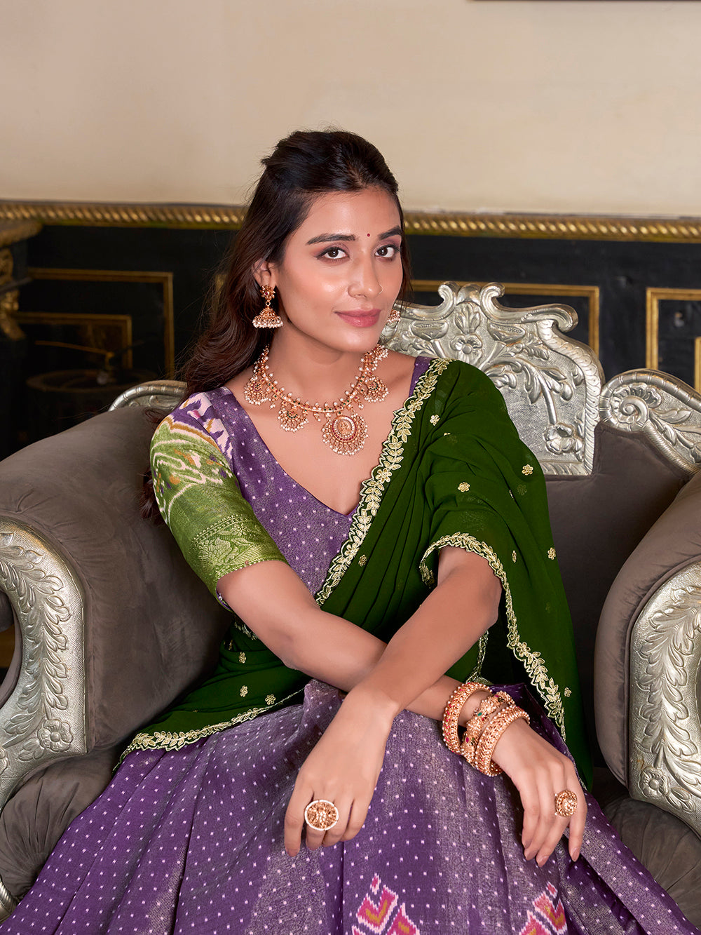 Purple Color Printed With Zari Weaving Work Kanchipuram Lehenga Choli