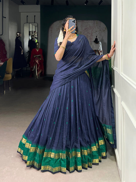 Navy Blue Color Zari Weaving Work Chanderi Lehenga Choli