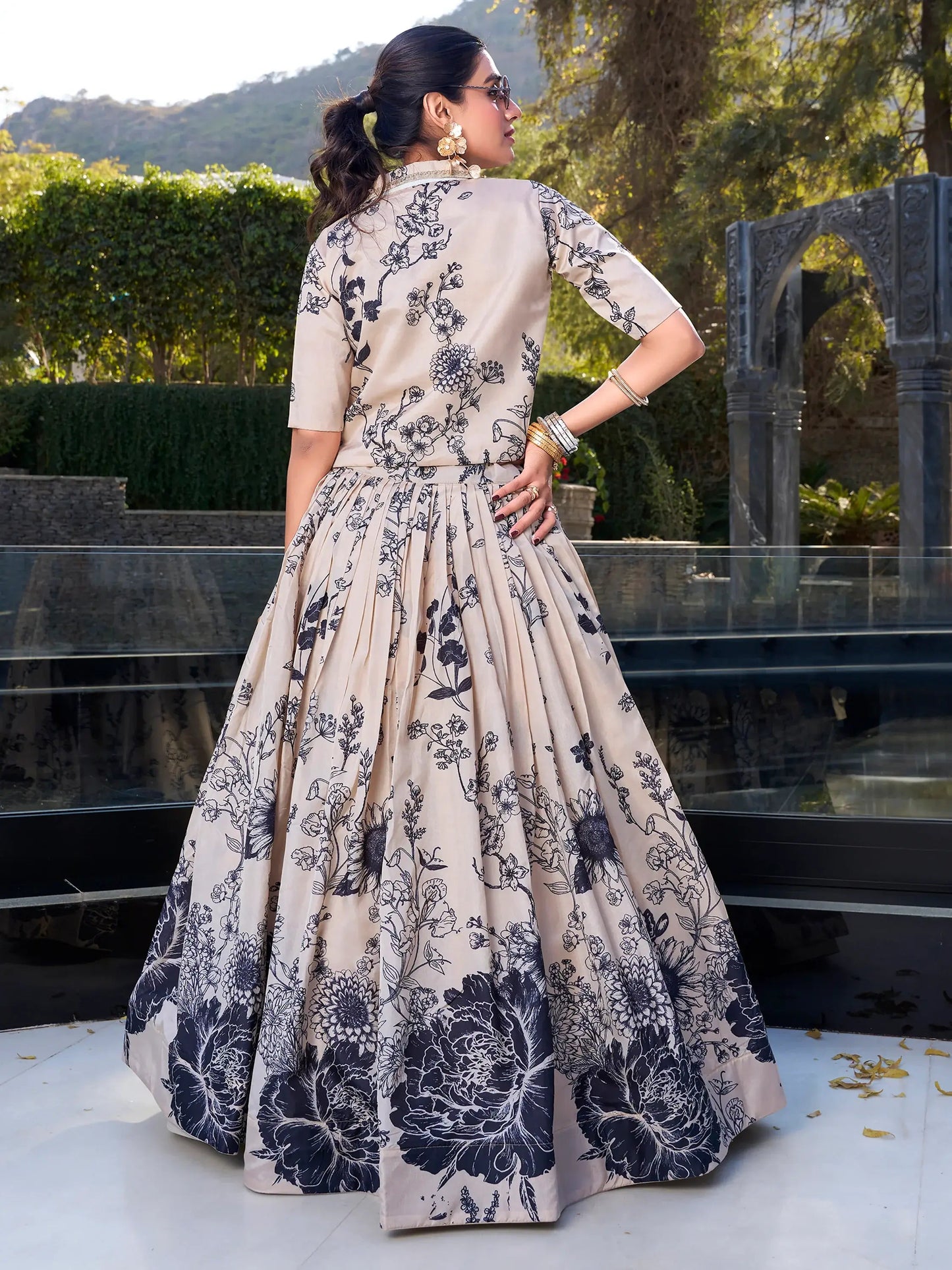 Excellent Cream Printed Festival Wear Silk Crop Top Lehenga With Jacket - Zeel Clothing