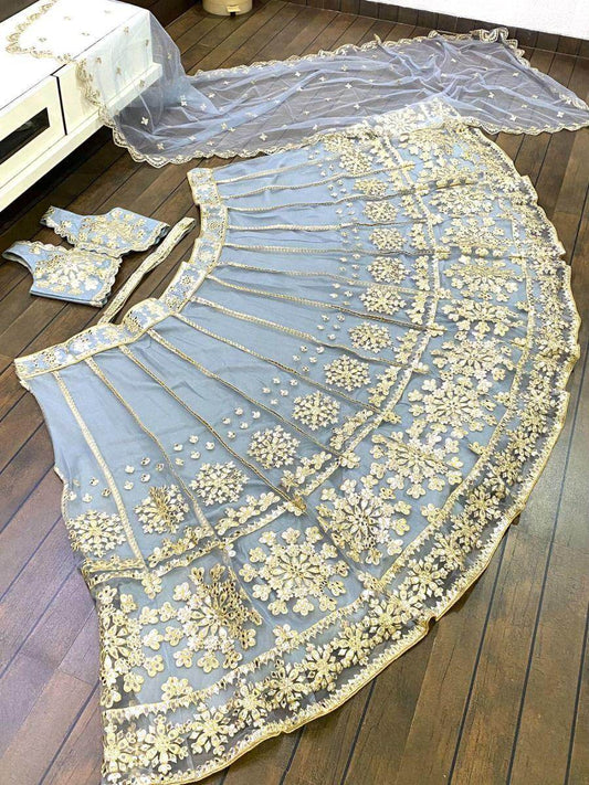 Fabulous Grey Embroidered Net Wedding Wear Lehenga Choli With Dupatta - Zeel Clothing