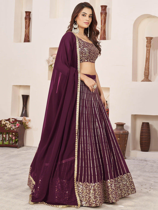 Fabulous Wine Sequins Georgette Reception Wear Lehenga Choli - Zeel Clothing