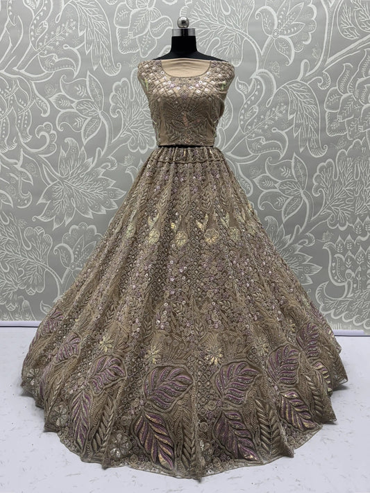 Fantabulous Golden Zircon Work Net Bridal Wear Lehenga Choli With Dupatta - Zeel Clothing