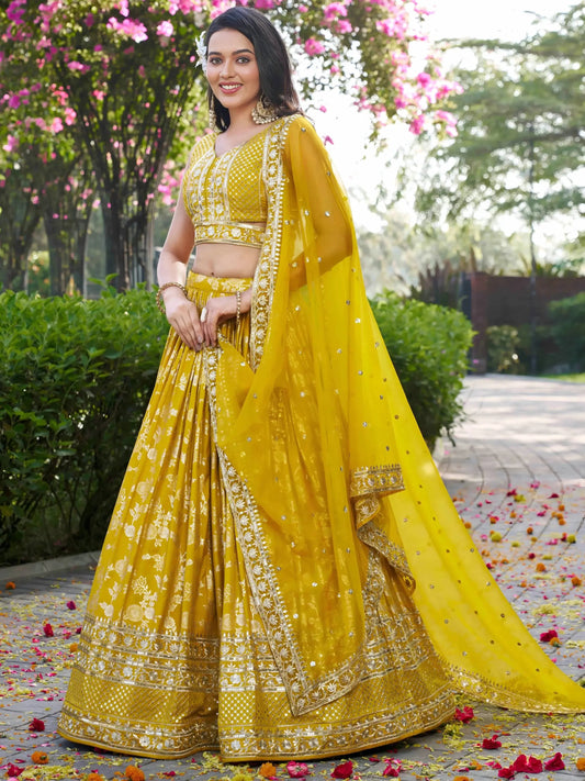 Fantastic Yellow Thread Embroidery Sangeet Wear Lehenga Choli - Zeel Clothing