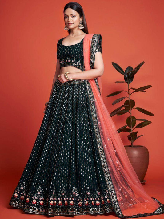 Fascinating Green Embroidery Georgette Wedding Wear Lehenga Choli - Zeel Clothing