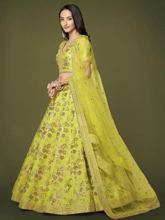 Fascinating Neon Green Sequins Silk Sangit Wear Lehenga Choli - Zeel Clothing