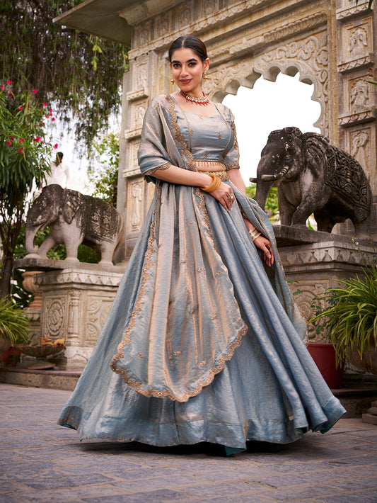 Sky Blue Color Sequins And Thread Embroidery Work Belt Fendi Lehenga Choli