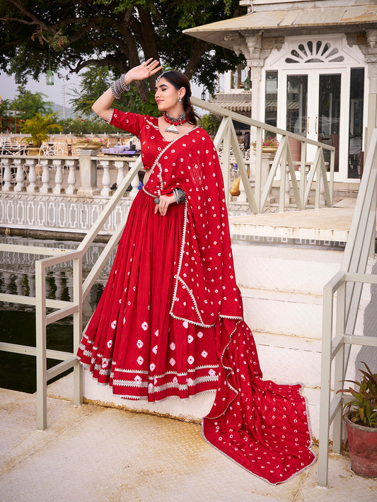 Red Color Bandhej Print With Lace Touch Up Chanderi Chaniya Choli