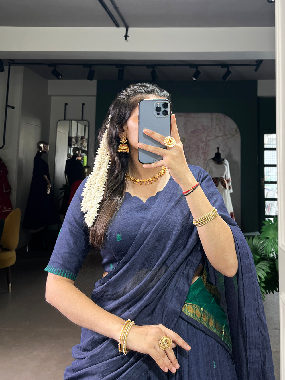 Navy Blue Color Zari Weaving Work Chanderi Lehenga Choli