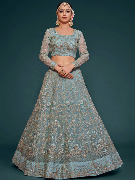 Fetching Aqua Blue Embroidered Soft Net Lehenga Choli With Dupatta - Zeel Clothing