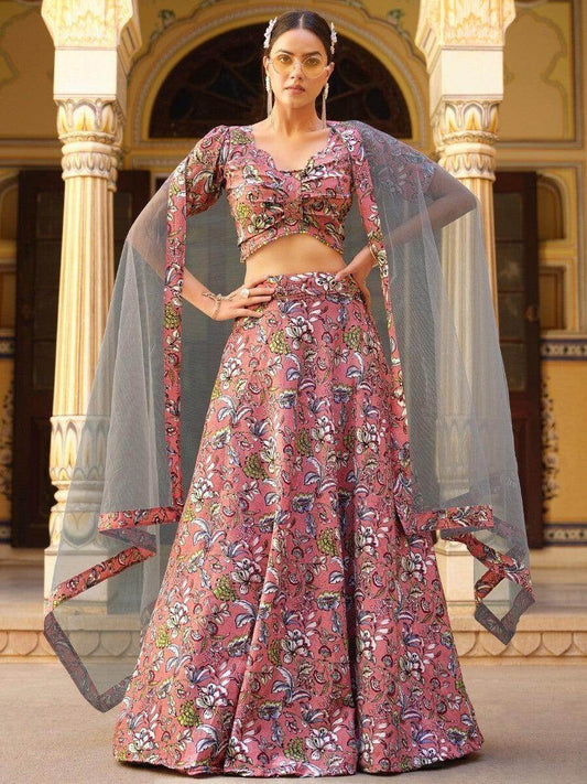 Fetching Dusty Pink Floral Printed Silk Festive Wear Lehenga Choli - Zeel Clothing