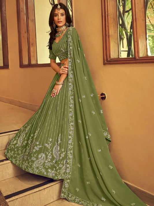 Tantalizing Green Thread Embroidered Georgette Mehendi Wear Lehenga With Blouse