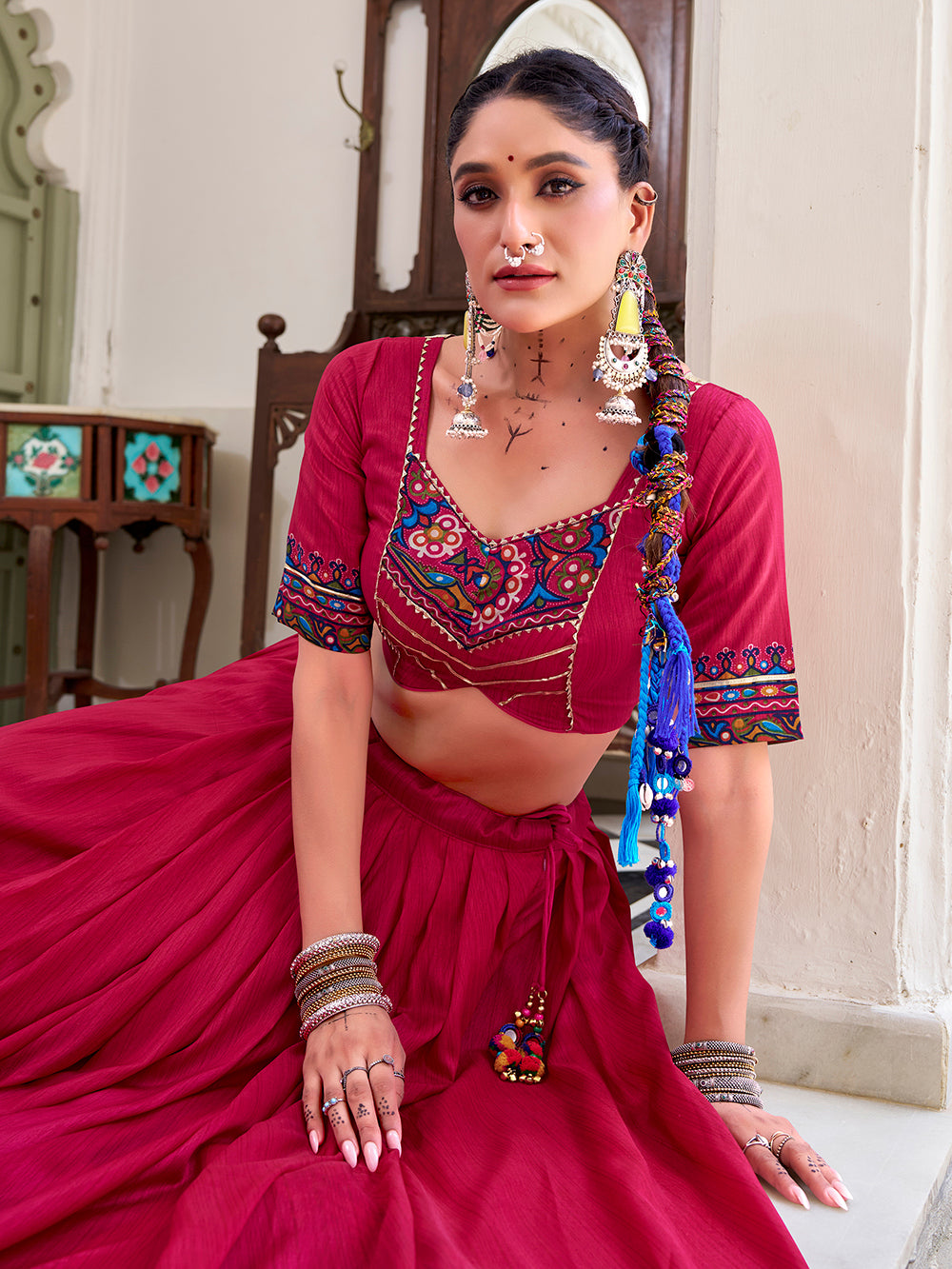 Pink Color Gamthi Print And Embossed Design Tussar Silk Lehenga Choli