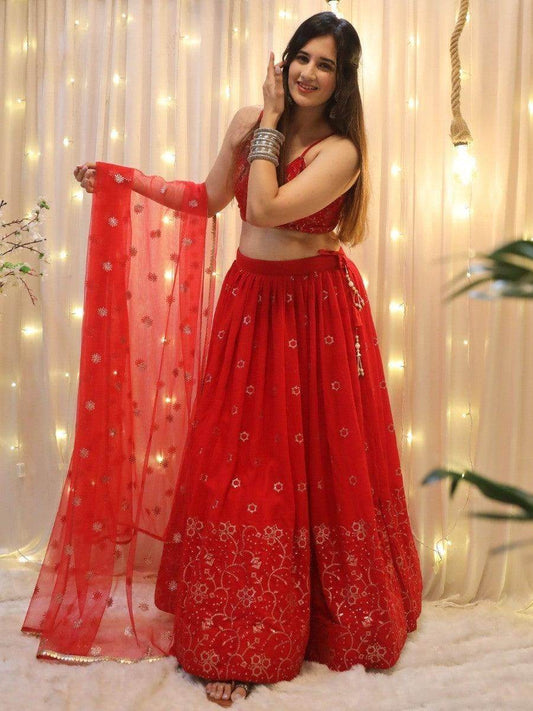 Glamorous Red Sequins Georgette Wedding Wear Lehenga Choli - Zeel Clothing