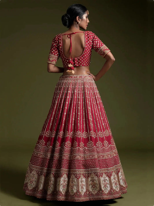 Glamorous Red Sequins Silk Wedding Lehenga Choli With Dupatta - Zeel Clothing