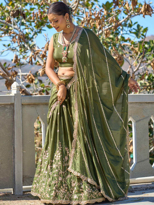 Glorious Olive Green Sequins Chinon Mehendi Wear Lehenga Choli - Zeel Clothing