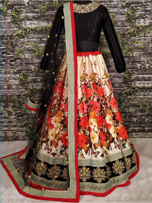 Gorgeous Colorful Floral Printed Lehenga With Black Choli - Zeel Clothing