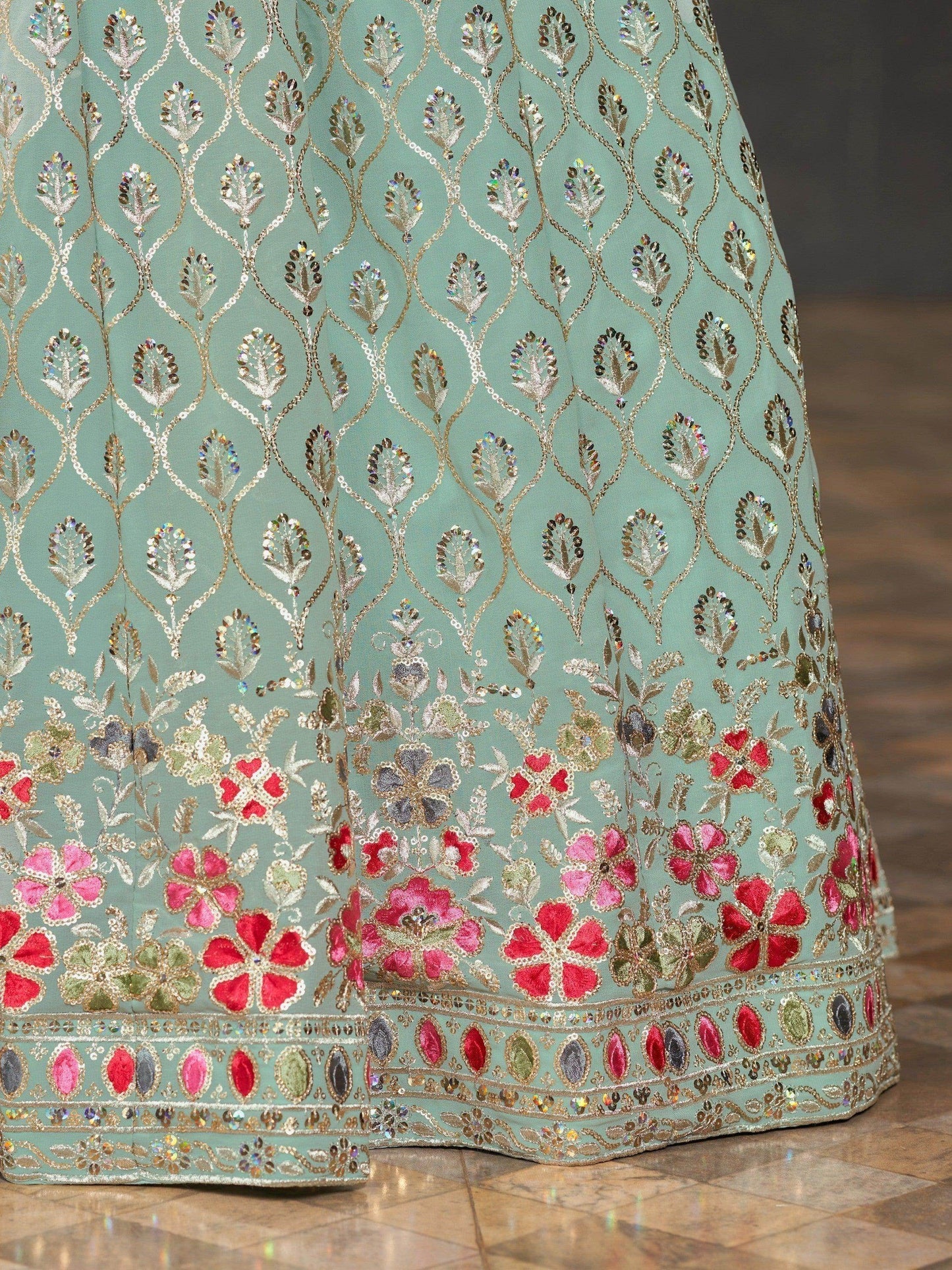 Gorgeous Sky-Blue Sequins Georgette Reception Wear Lehenga Choli - Zeel Clothing