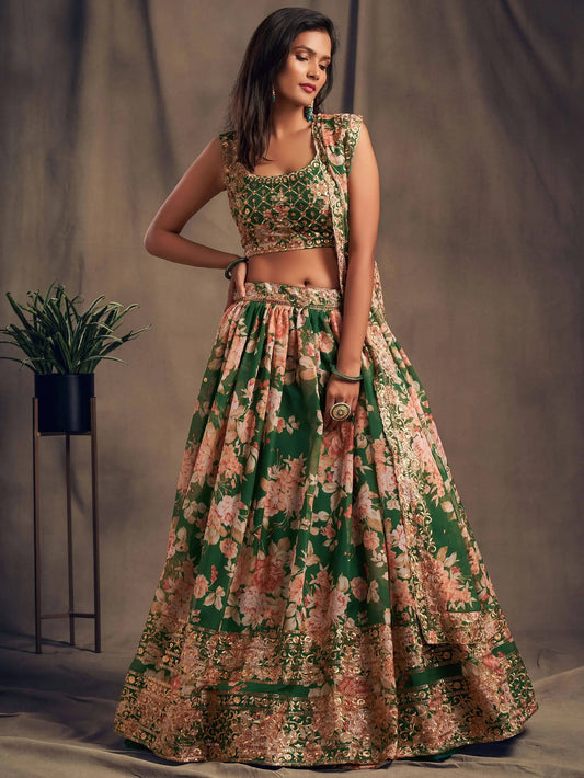 Green Floral Printed Organza Festival Lehenga Choli - Zeel Clothing