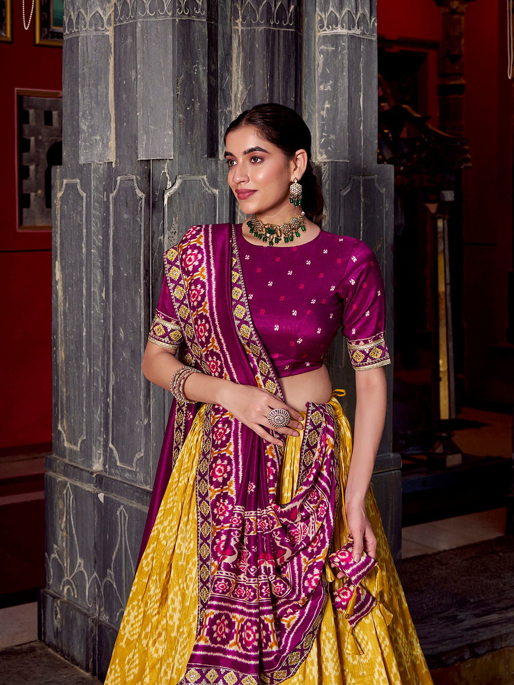 Mustard Color Ikkat Patola Printed Tasar Silk Lehenga Choli