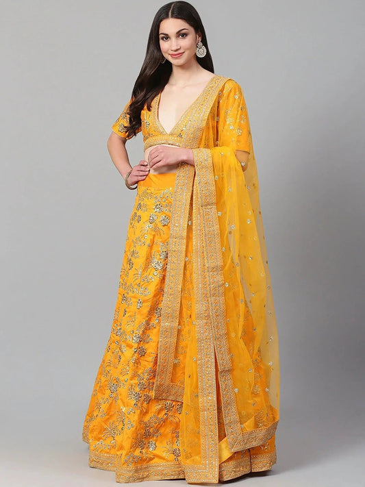 Hypnotic Yellow Colored Wedding Wear Embroidered Satin Lehenga Choli - Zeel Clothing