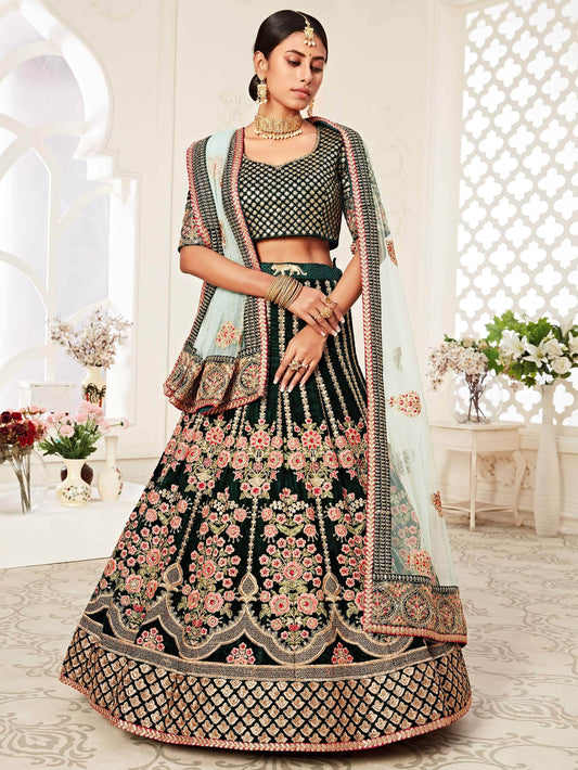 Impressive Green Embroidered Velvet Wedding Wear Lehenga Choli - Zeel Clothing