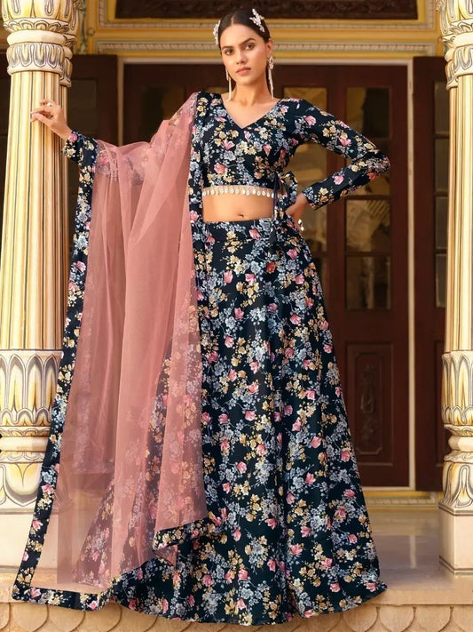 Incredible Black Floral Printed Silk Lehenga Choli With Dupatta - Zeel Clothing