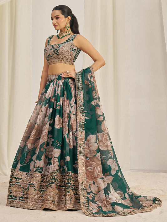 Incredible Green Sequins Organza Mehendi Wear Lehenga Choli - Zeel Clothing